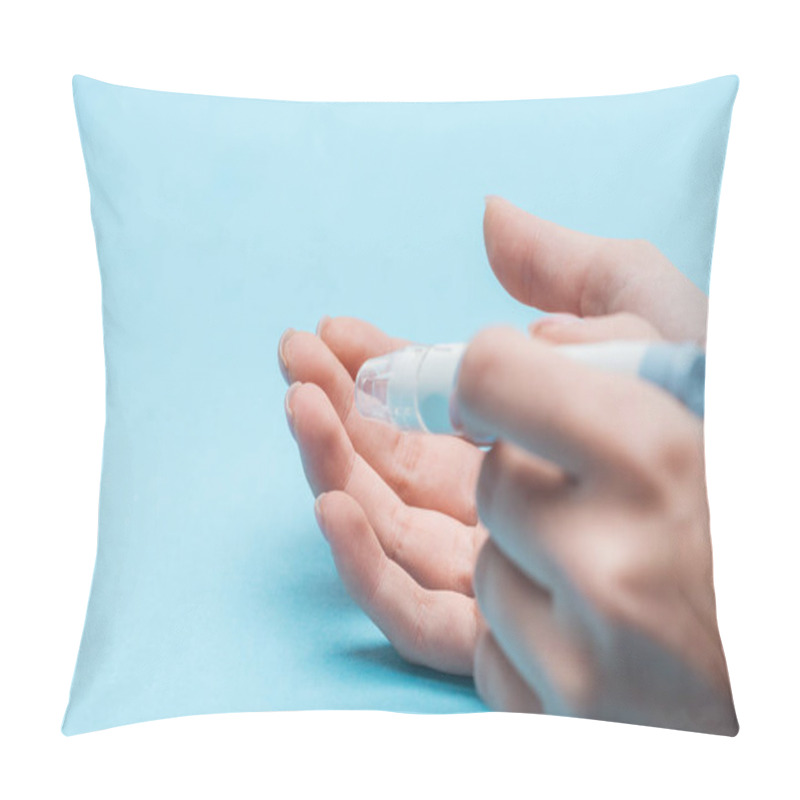 Personality  Cropped View Of Female Hands Testing Glucose Level With Needle On Blue Background Pillow Covers