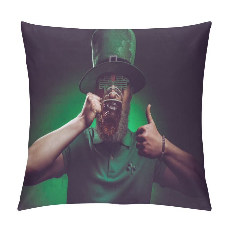 Personality  Bearded Man In Green Irish Hat Drinking Beer And Showing Thumb Up Pillow Covers