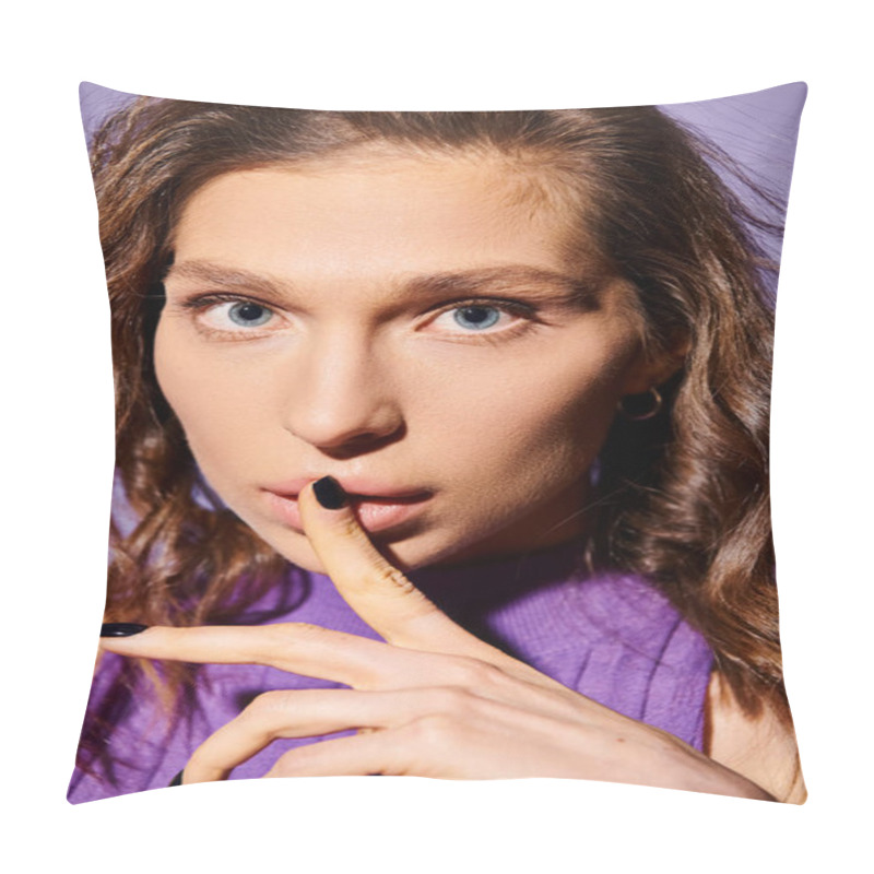 Personality  A Stylish Young Woman In Vibrant Orange Attire Teasing With Her Finger On A Purple Background. Pillow Covers