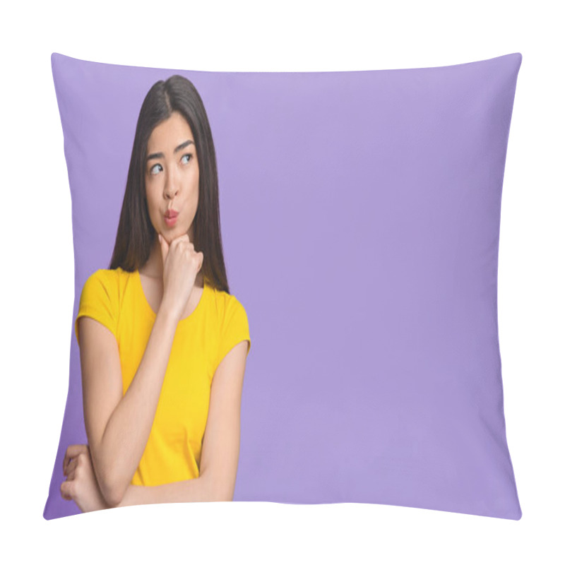 Personality  Doubtful Choice. Pensive Asian Woman Touching Ching And Looking At Copy Space Pillow Covers