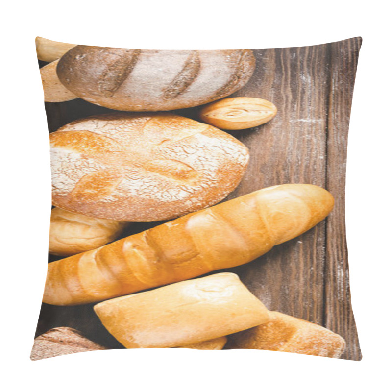 Personality  Fresh Baked Bread With A Golden Crust, Loaf, Buns, White, Rye On A Rustic Wooden Background With Sil Rustic. Flat Layout Pillow Covers