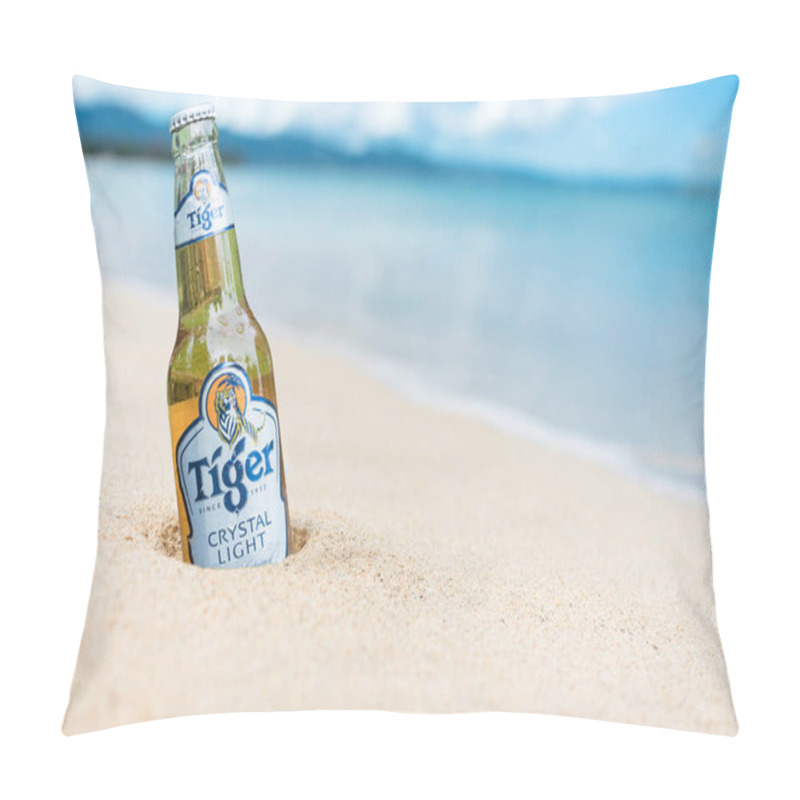 Personality  A Bottle Of Tiger Crystal Light Beer Can Partially Buried In The Sand By A Tropical Beach. Pillow Covers