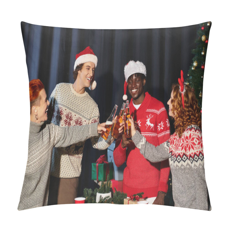 Personality  A Group Of Young Coworkers With Festive Jumpers Toasting With Drinks During A Christmas Celebration. Pillow Covers