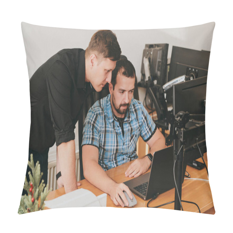 Personality  Portrait Of Two Professional Male Programmers Working On Computer In Diverse Offices. Modern IT Technologies, Development Of Artificial Intelligence, Programs, Applications And Video Games Concept Pillow Covers