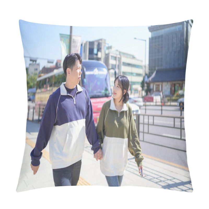 Personality  A Couple, A Korean Man In His 30s And A Woman In Her 20s, Wearing Tracksuits, Enjoy An Afternoon Stroll On A Public Road In Seoul, South Korea. Pillow Covers