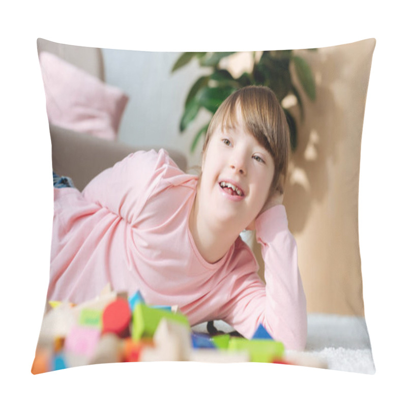 Personality  Child With Down Syndrome Lying On Floor With Toy Cubes Pillow Covers