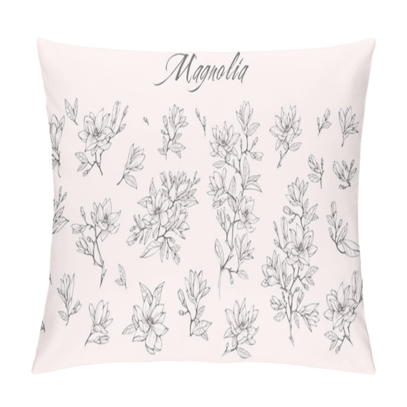 Personality  Magnolia Flower Logo And Branch Set. Hand Drawn Line Wedding Herb, Elegant Leaves For Invitation Save The Date Card. Botanical Rustic Pillow Covers