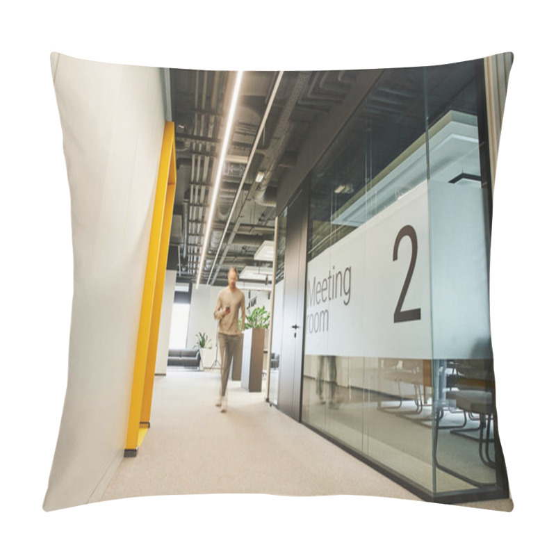 Personality  Motion Blur Of Businessman With Mobile Phone Walking Along Meeting Room In Corridor Of Contemporary Coworking Office With High Tech Interior, Dynamic Business Concept Pillow Covers