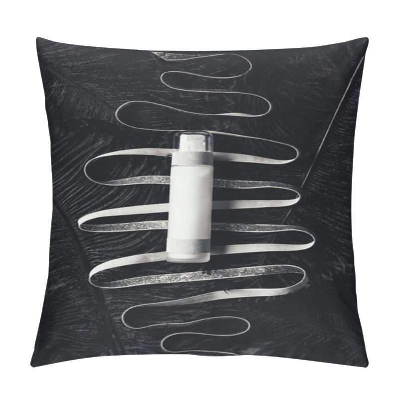 Personality  Flat Lay With Lotion And Silver Ribbon On Surface With Black Feathers Pillow Covers