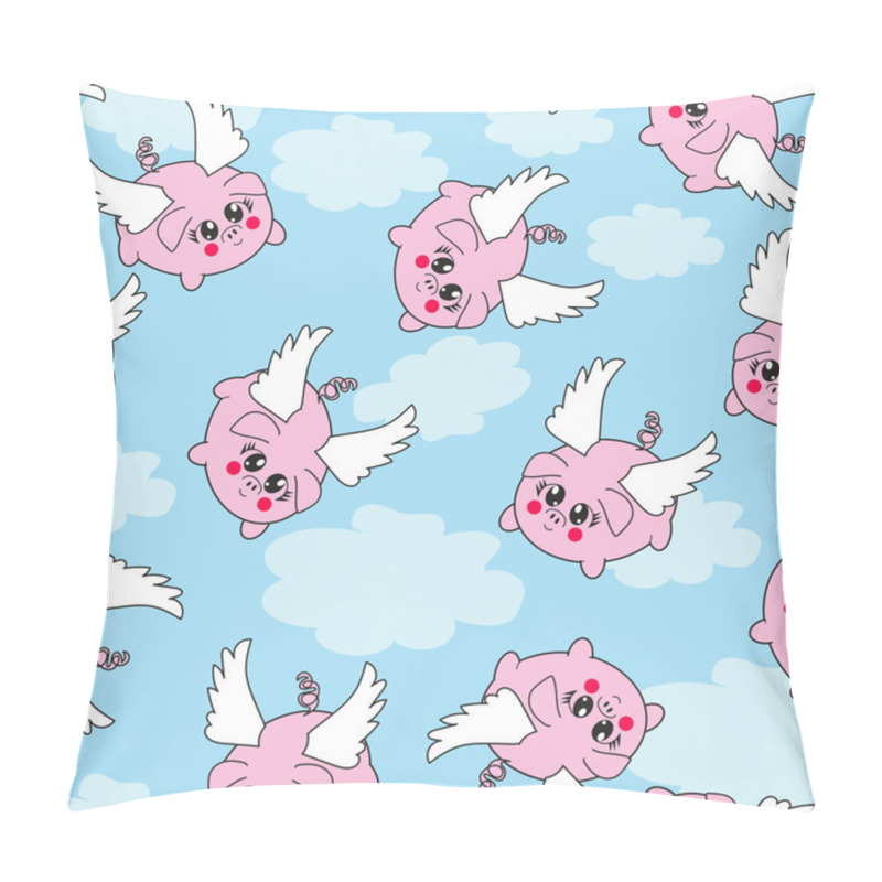 Personality  Seamless Repeating Vector Pattern With Flying Piggies On A Blue Sky Background. Pillow Covers