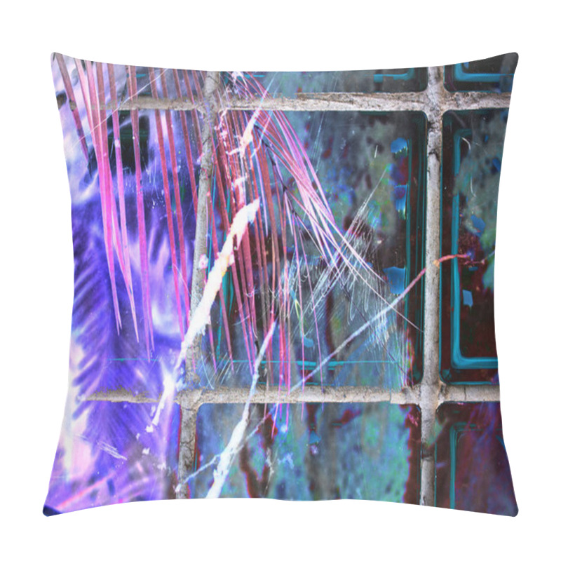 Personality  Abstract Shapes And Lines Purple Wallpaper. Tropical Leaves, Palm Leaf In Neon Pink Purple Shades Behind A Tiled Glass Wall. Scratch Scuffed Texture. Pillow Covers