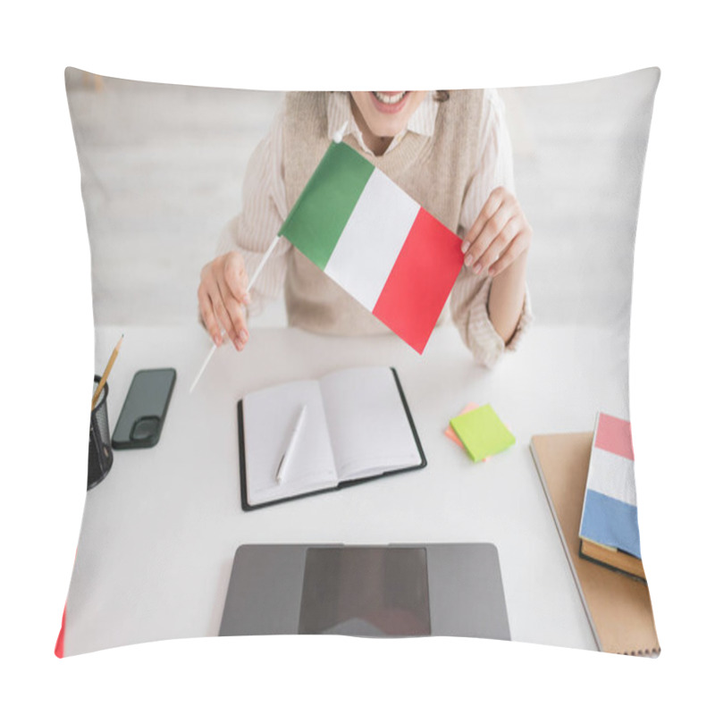 Personality  Cropped View Of Smiling Language Teacher Holding Italian Flag Near Devices And Notebooks On Table At Home Pillow Covers