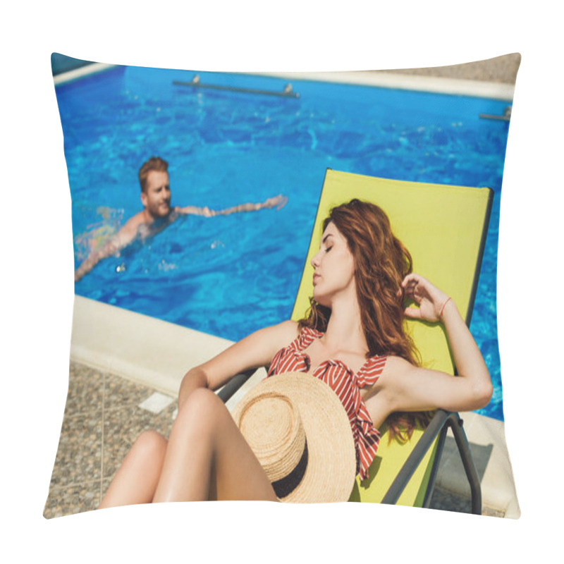 Personality  Young Woman Relaxing On Sun Lounger While Her Boyfriend Swimming In Pool On Background Pillow Covers