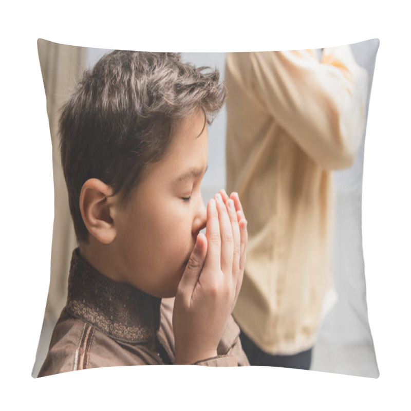 Personality  Muslim Boy Praying During Salah And Ramadan Near Dad At Home  Pillow Covers