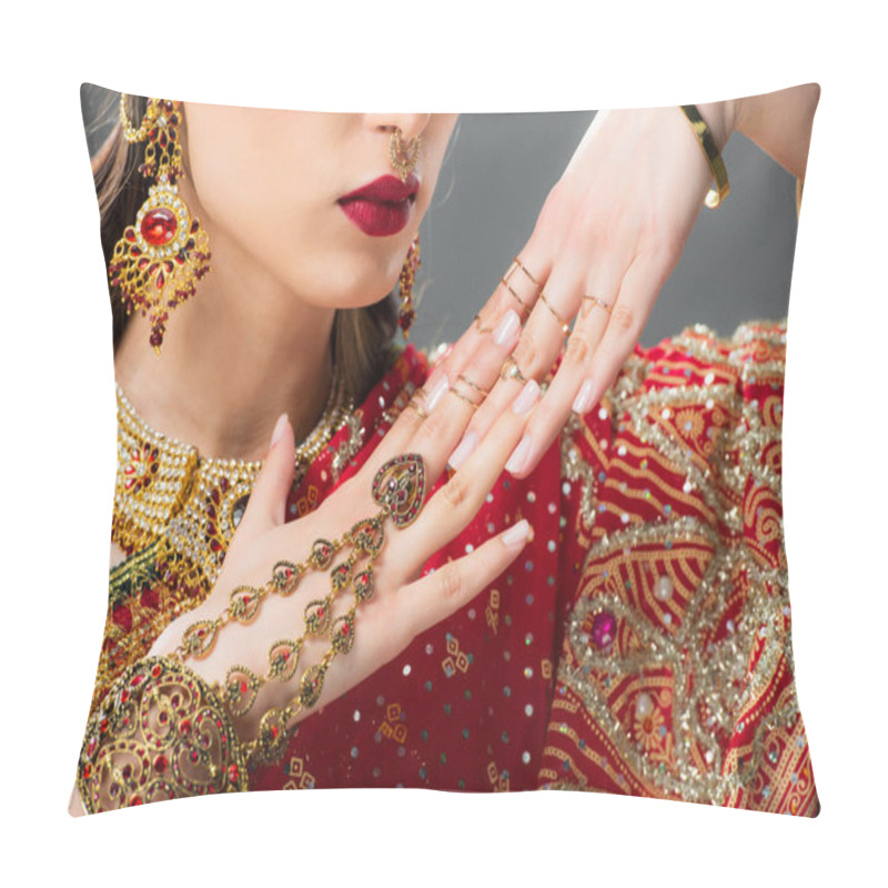 Personality  Cropped View Of Attractive Indian Woman Gesturing In Traditional Accessories, Isolated On Grey  Pillow Covers