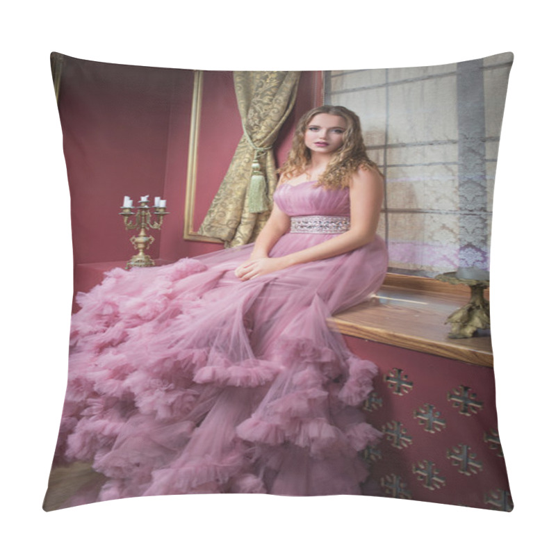 Personality  Portrait Of Young Beautiful Girl In Long Pink Dress Pillow Covers