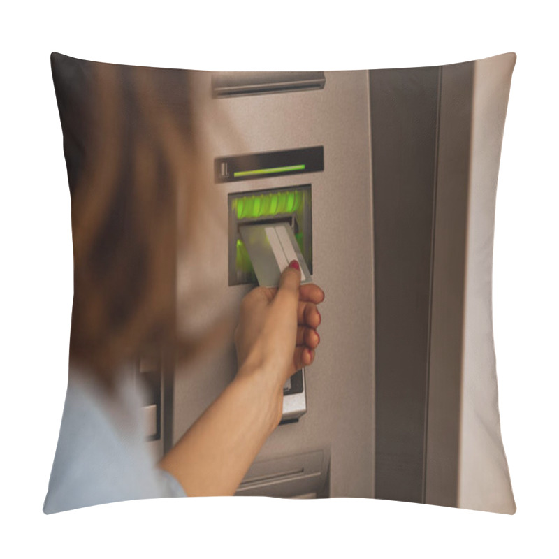 Personality  Woman Using Modern ATM Nashine - Cash Withdrawal. Pillow Covers