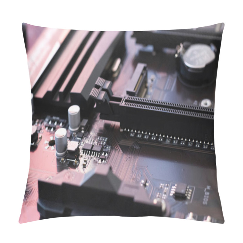 Personality  Computer Motherboard With Small Parts, Components For Computer Assembly And Repair. Tech Background, Neon Light. Close-up. Pillow Covers