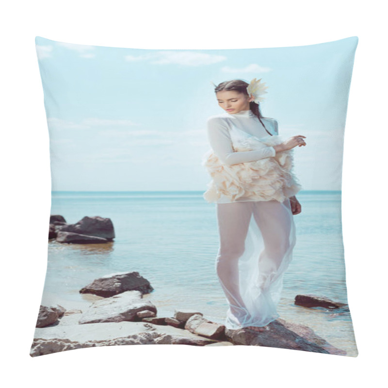 Personality  Tender Woman In White Swan Costume Looking Away, Standing On Beach Near Water Pillow Covers