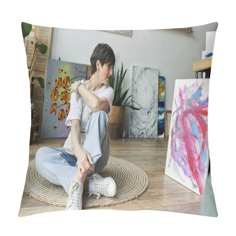 Personality  A Woman Deeply Engaged In Her Painting Process In A Bright, Inviting Studio. Pillow Covers