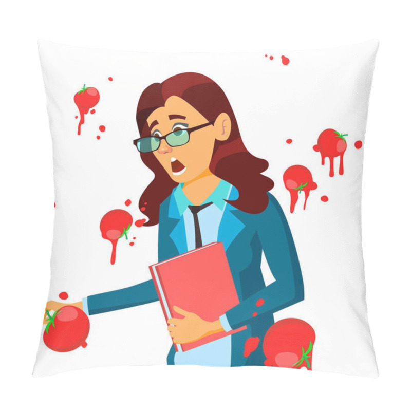 Personality  Business Woman Having Tomatoes From Crowd. Fail Speech Vector. Unsuccessful Presentation. Bad Public Speech. European. Isolated Illustration Pillow Covers