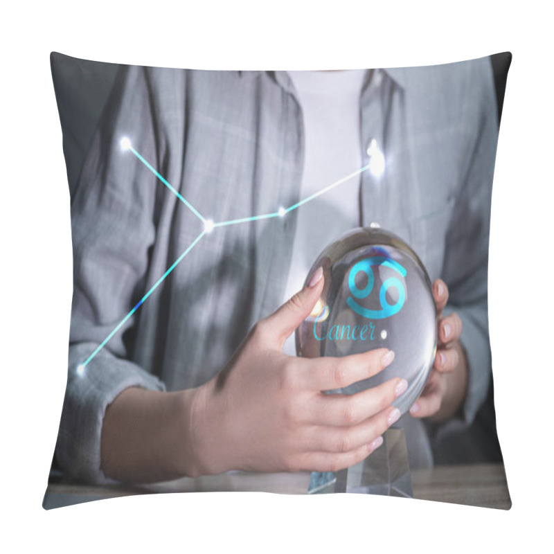 Personality  Cropped View Of Woman Using Crystal Ball Near Cancer Constellation Pillow Covers