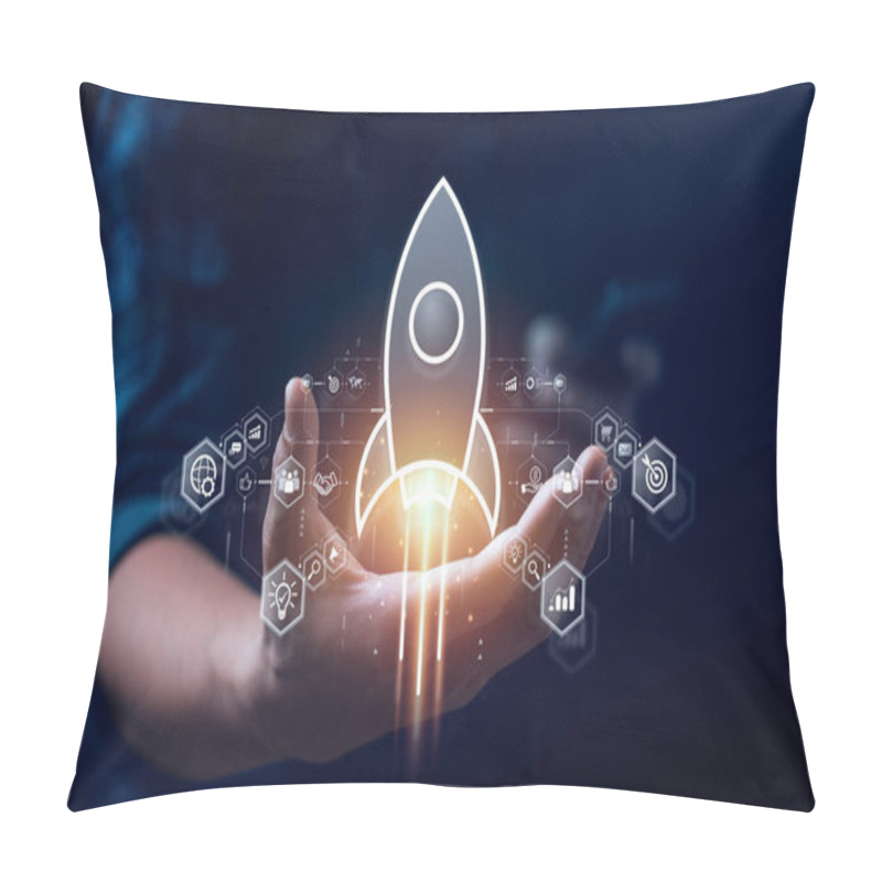 Personality  Startup Business Concept, Rocket Is Launching And Flying From Hand To Sky For Growing Business, Fast Business Success. Startup Founder, Network Connection, Idea Generation, Digital Marketing Pillow Covers