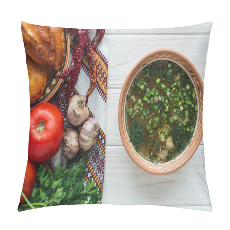 Personality  Traditional Fish Soup With Green Onion, Embroidered Towel, Mini Pies And Ingredients On White Wooden Background Pillow Covers