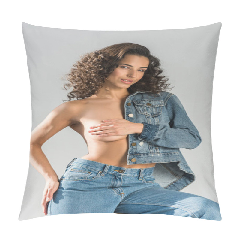 Personality  Pretty Topless Girl In Jeans Sitting On Chair And Looking At Camera On Grey Background Pillow Covers