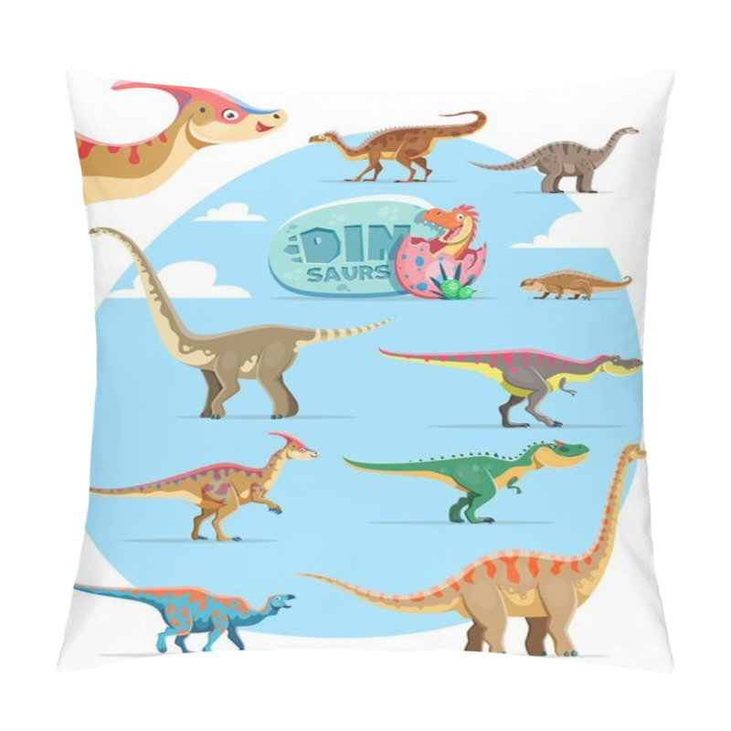 Personality  Cartoon Dinosaurs Funny Characters. Plateosaurus, Vulcanodon, Hyperodapedon And Omeisaurus Tarbosaurus, Parasaurolophus And Allosaurus, Iguanodon, Brachiosaurus Dinosaurs Childish Personages Set Pillow Covers