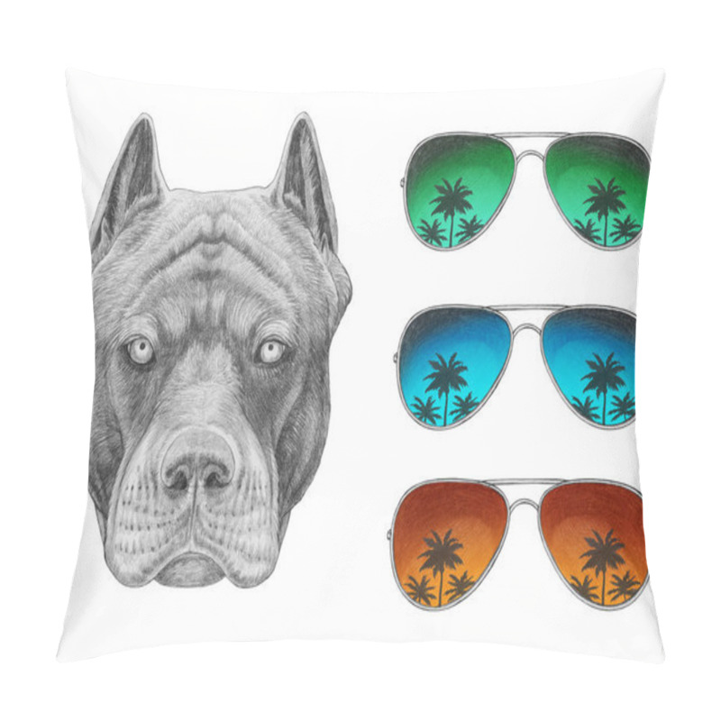 Personality  Funny Sketch Of Pit Bull Portrait And Set Of Three Aviator Sunglasses With Reflection Of Palm Trees, Isolated On White Pillow Covers