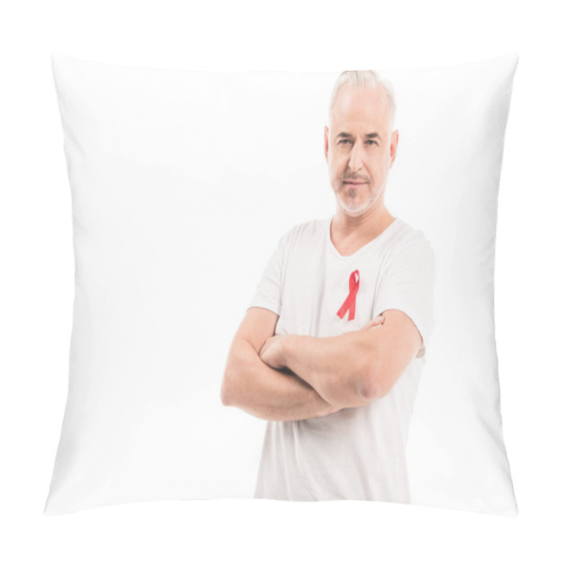 Personality  Handsome Mature Man In Blank White T-shirt With Aids Awareness Red Ribbon Looking At Camera With Crossed Arms Isolated On White Pillow Covers