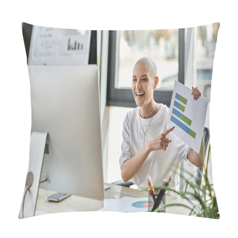 Personality  A Young Bald Woman Excitedly Shares Her Analytical Findings With Colleagues At A Modern Workspace. Pillow Covers