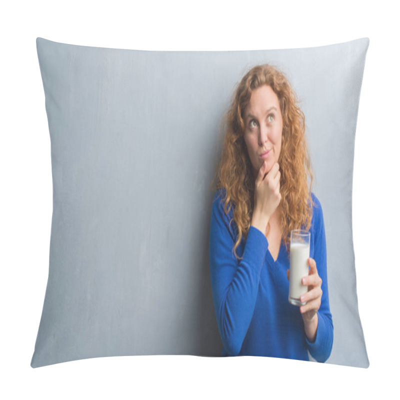 Personality  Young Redhead Woman Drinking Glass Of Milk Serious Face Thinking About Question, Very Confused Idea Pillow Covers