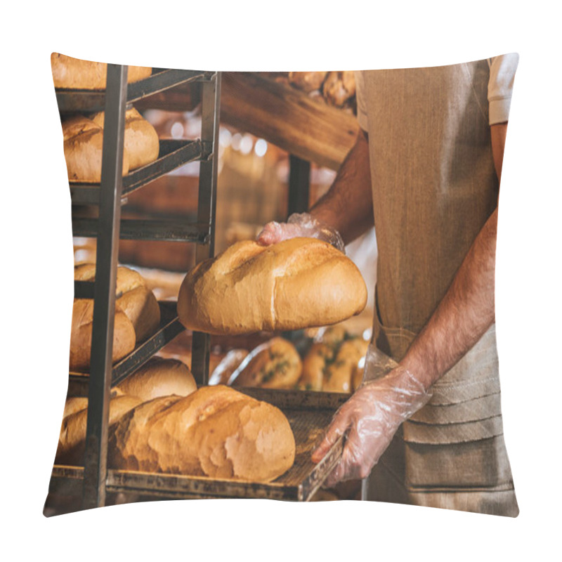 Personality  Cropped Shot Of Shop Assistant Arranging Loafs Of Bread In Supermarket Pillow Covers