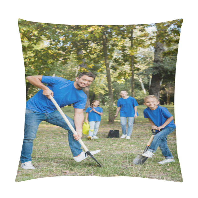 Personality  Father And Son Smiling At Camera While Digging Ground, And Mother With Daughter Holding Young Tree And Watering Can On Blurred Background, Ecology Concept Pillow Covers