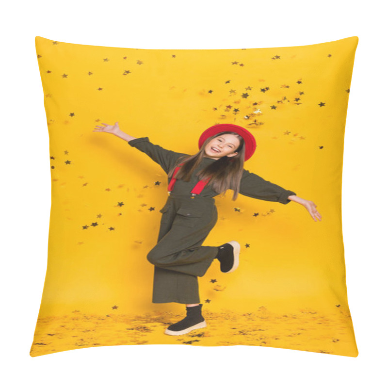 Personality  Full Length Body Size Photo Little Girl Laughing Enjoying With Flying In Air Stars Confetti Isolated Vibrant Yellow Color Background Pillow Covers