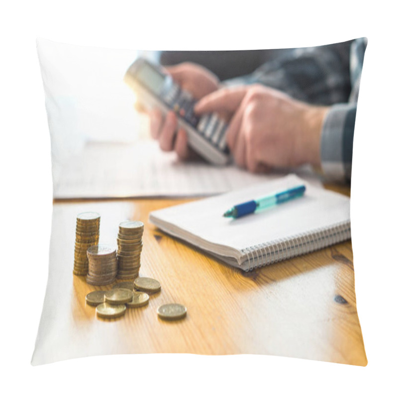 Personality  Man Planning Family Finance And Using Calculator. Counting Savings, Budget, Taxes, Expenses And Living Cost. Calculating Money. Accountant Working On Table And Desk. Pillow Covers