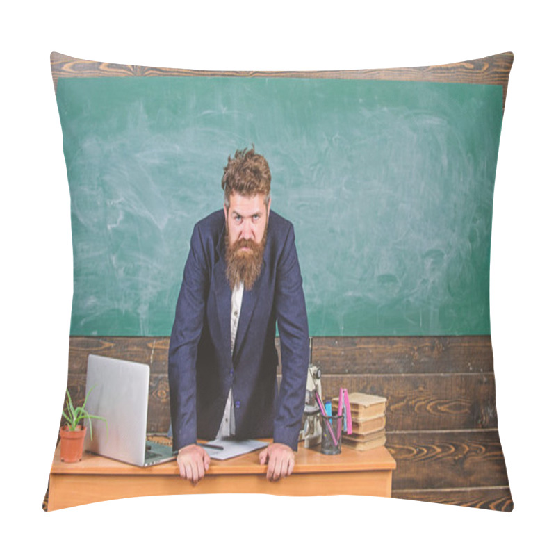 Personality  Teacher Strict Serious Bearded Man Lean On Table Chalkboard Background. Teacher Looks Threatening. School Principal Threatening With Punishment. Rules Of School Behaviour. Man Unhappy With Behaviour Pillow Covers