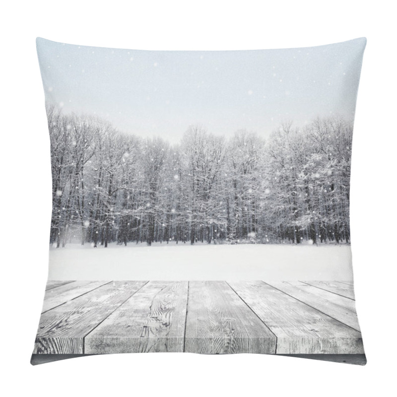 Personality  Wooden Table Over Winter Snow Covered Forest. Beauty Nature Background Pillow Covers