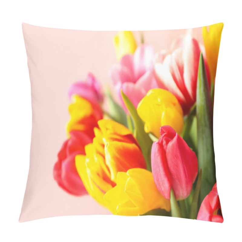 Personality  Beautiful Spring Tulips On Light Pink Background, Closeup Pillow Covers