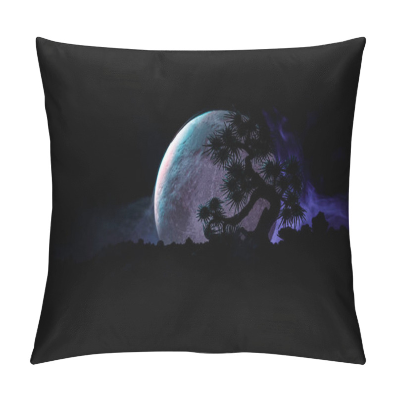 Personality  Silhouette Tree On Full Moon Background. Full Moon Rising Above Japanese Style Tree Against Toned Foggy Sky. Pillow Covers