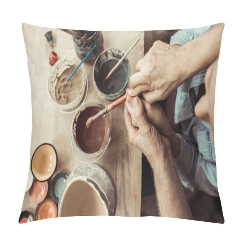 Personality  Overhead View Of Girl Painting Clay Pot And Grandparents Helping At Workshop Pillow Covers