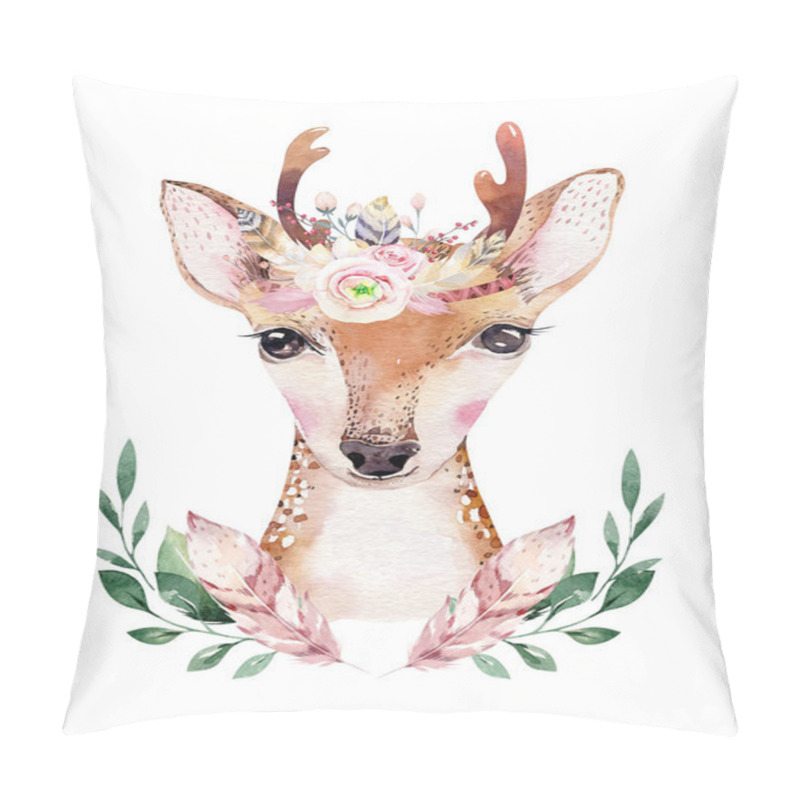 Personality  Watercolor Cartoon Isolated Cute Baby Deer Animal With Flowers. Forest Nursery Woodland Illustration. Bohemian Boho Drawing For Nursery Poster, Pattern Pillow Covers