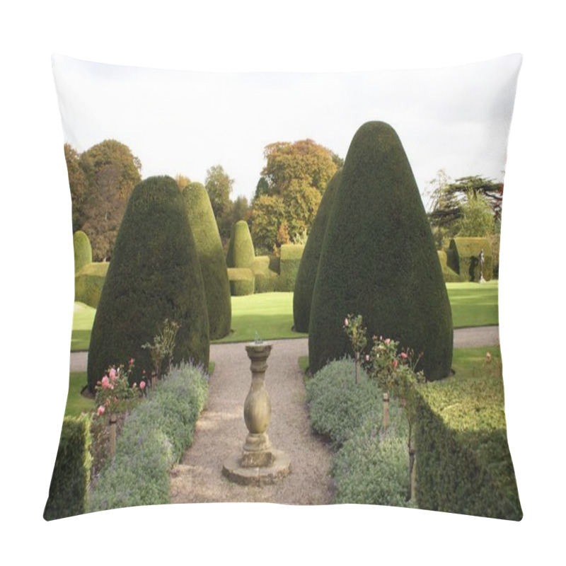 Personality  Sundial & Pathway Of A Yew Topiary Garden. Chirk Castle Garden, Wrexham, Wales, England Pillow Covers