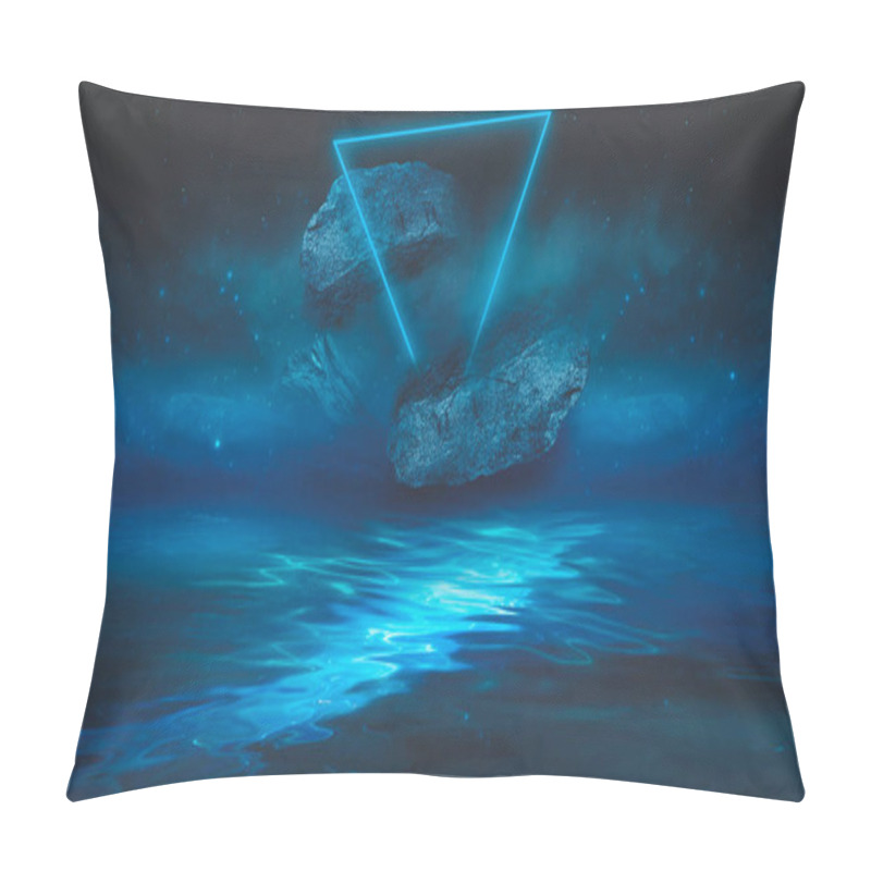 Personality  Futuristic Fantasy Night Landscape With Abstract Landscape And Island, Moonlight, Radiance, Moon, Neon. Dark Natural Scene With Light Reflection In Water. Neon Space Galaxy Portal. 3D Illustration.  Pillow Covers