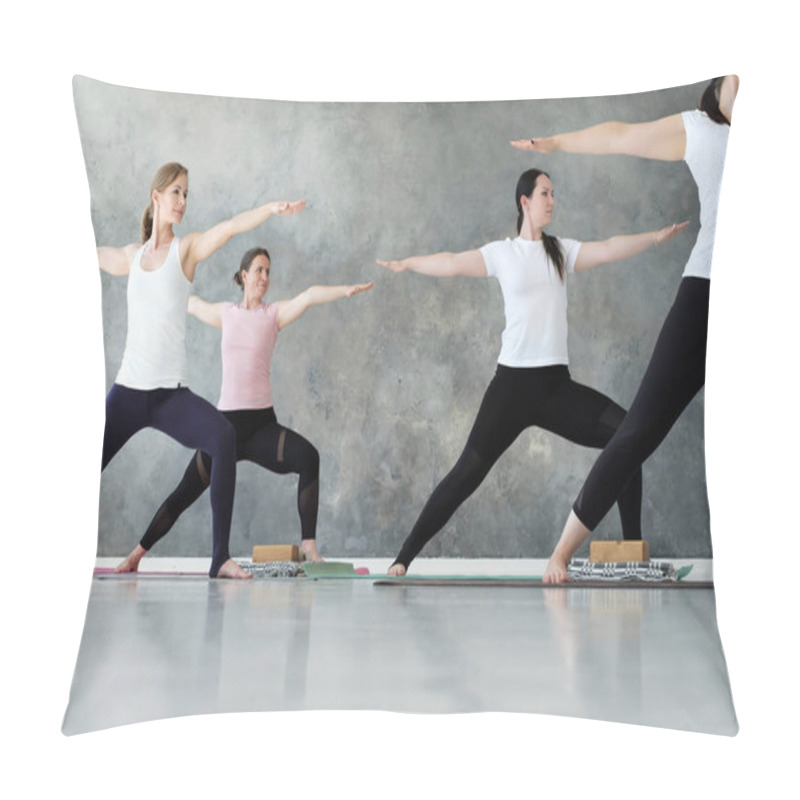 Personality  Young Sporty Women Practicing Yoga Lesson Standing In Warrior Two Exercise Pillow Covers