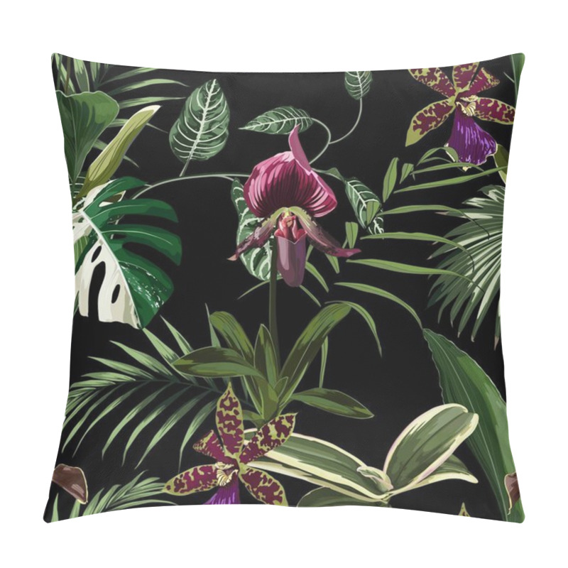 Personality  Exotic Flowers Seamless Pattern. Tropical Violet Bordo Orchid Flowers And Palm Leaves In Summer Print. Hawaiian T-shirt And Swimwear Tile. Black Background. Pillow Covers