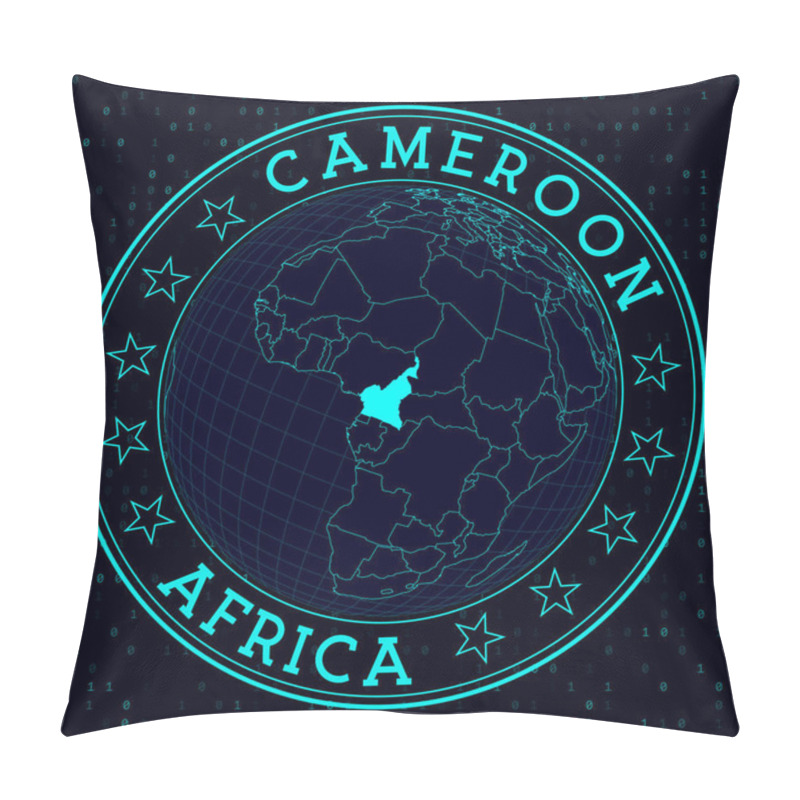 Personality  Cameroon Round Sign. Futuristic Satelite View Of The World Centered To Cameroon. Country Badge With Map, Round Text And Binary Background. Classy Vector Illustration. Pillow Covers