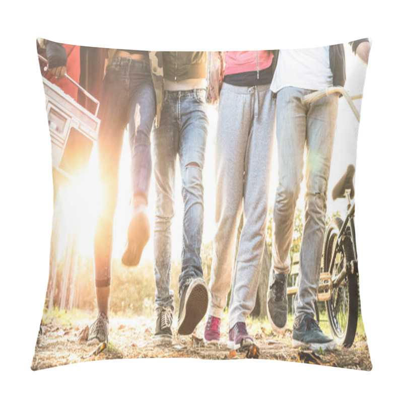 Personality  Friends Walking In City Park With Backlight And Sunflare Halo - Millenial Friendship Concept And Multiracial Young People On Alternative Fashion Having Fun Together - Leg View With Soft Blurred Motion Pillow Covers